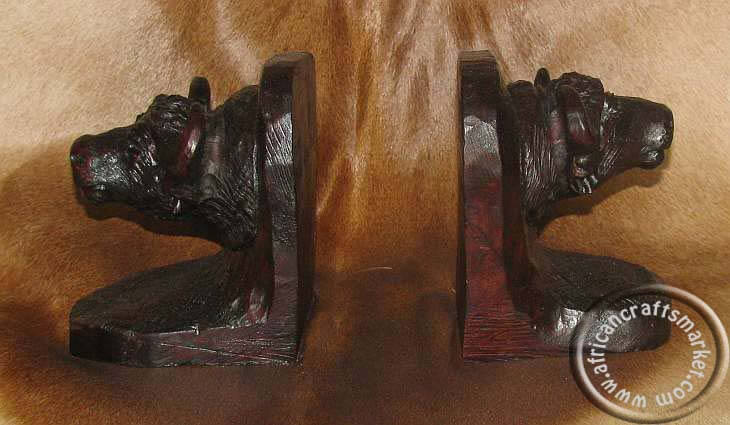 African wooden buffalo bookends