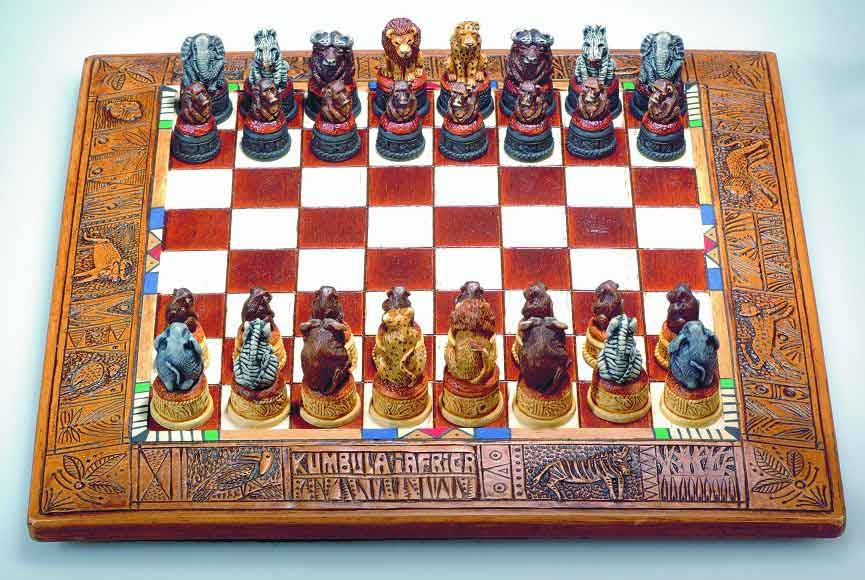 African animal stone crushed chess set