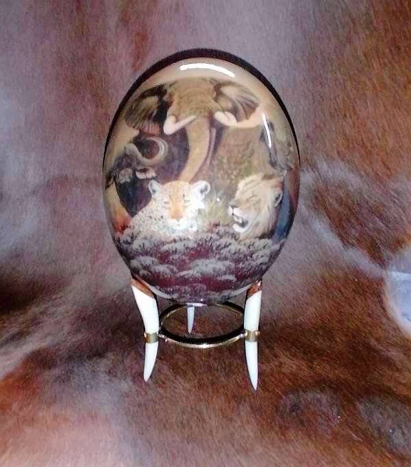 Ostrich egg on bone egg stand