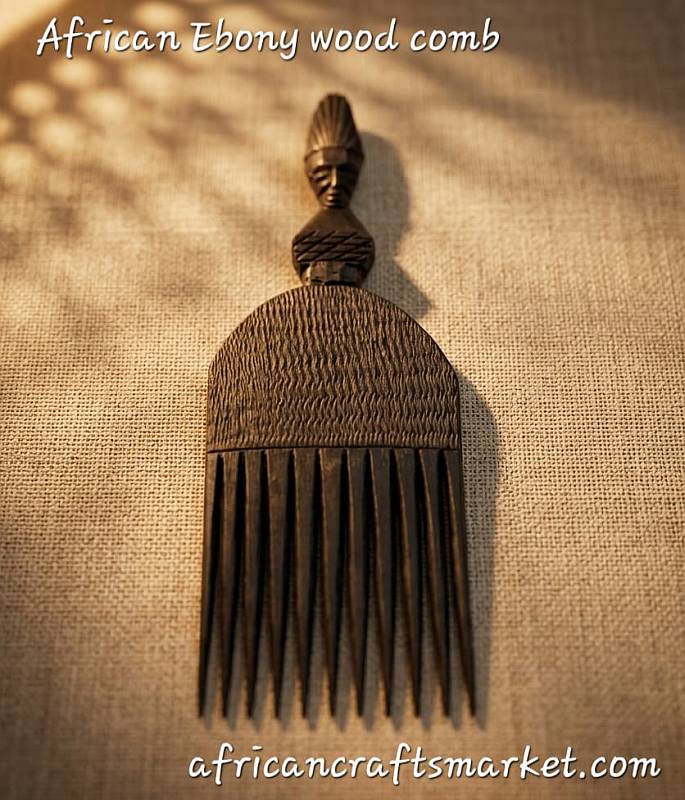 East African hand-carved ebony comb featuring a decorative geometric handle design made by local artisans.