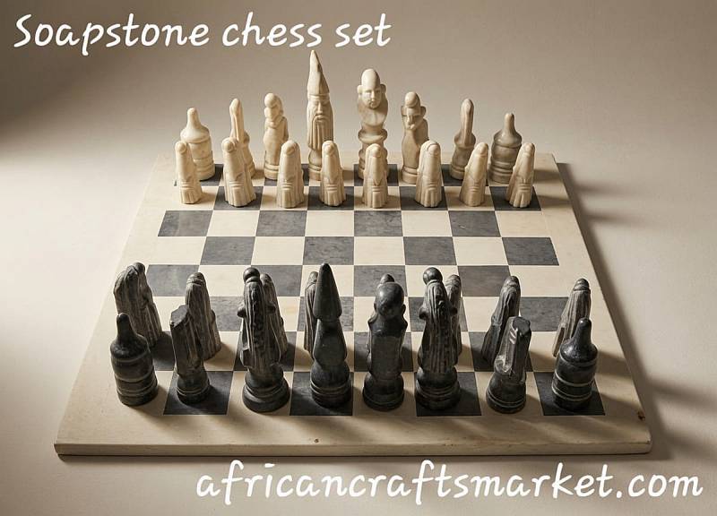 African hand-carved Kenyan soapstone chess set with handcrafted stone chess pieces
