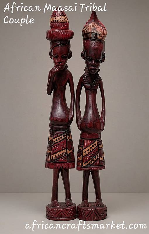 African hand-carved wooden Maasai tribal couple sculpture