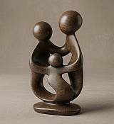 Soapstone family of 3 Minimalist abstract parents and one child sculpture carved from rich brown African stone, symbolizing family unity and protection