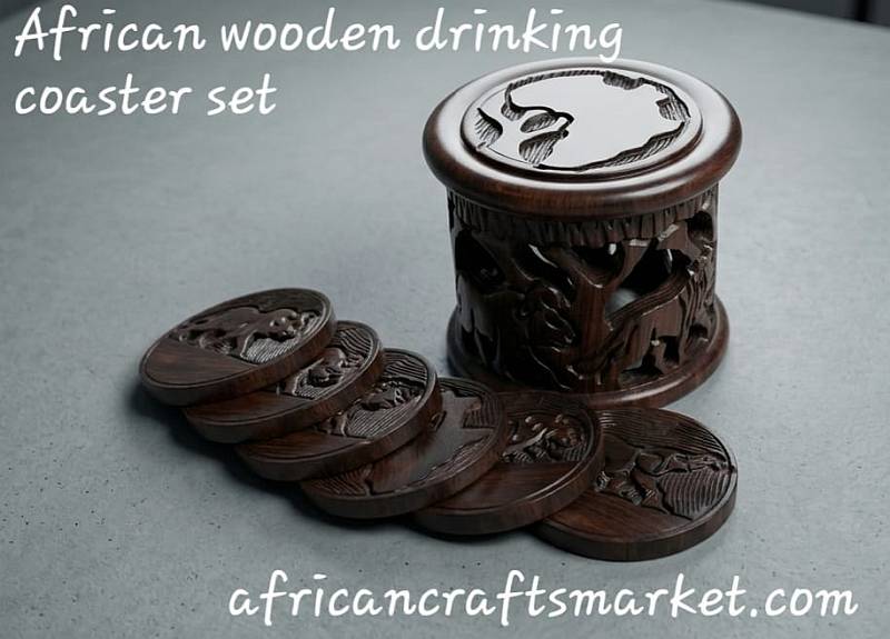 African hand carved wooden coasters