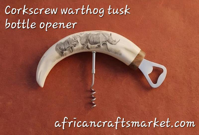 Handcrafted genuine warthog tusk bottle opener with integrated corkscrew, premium African wildlife barware